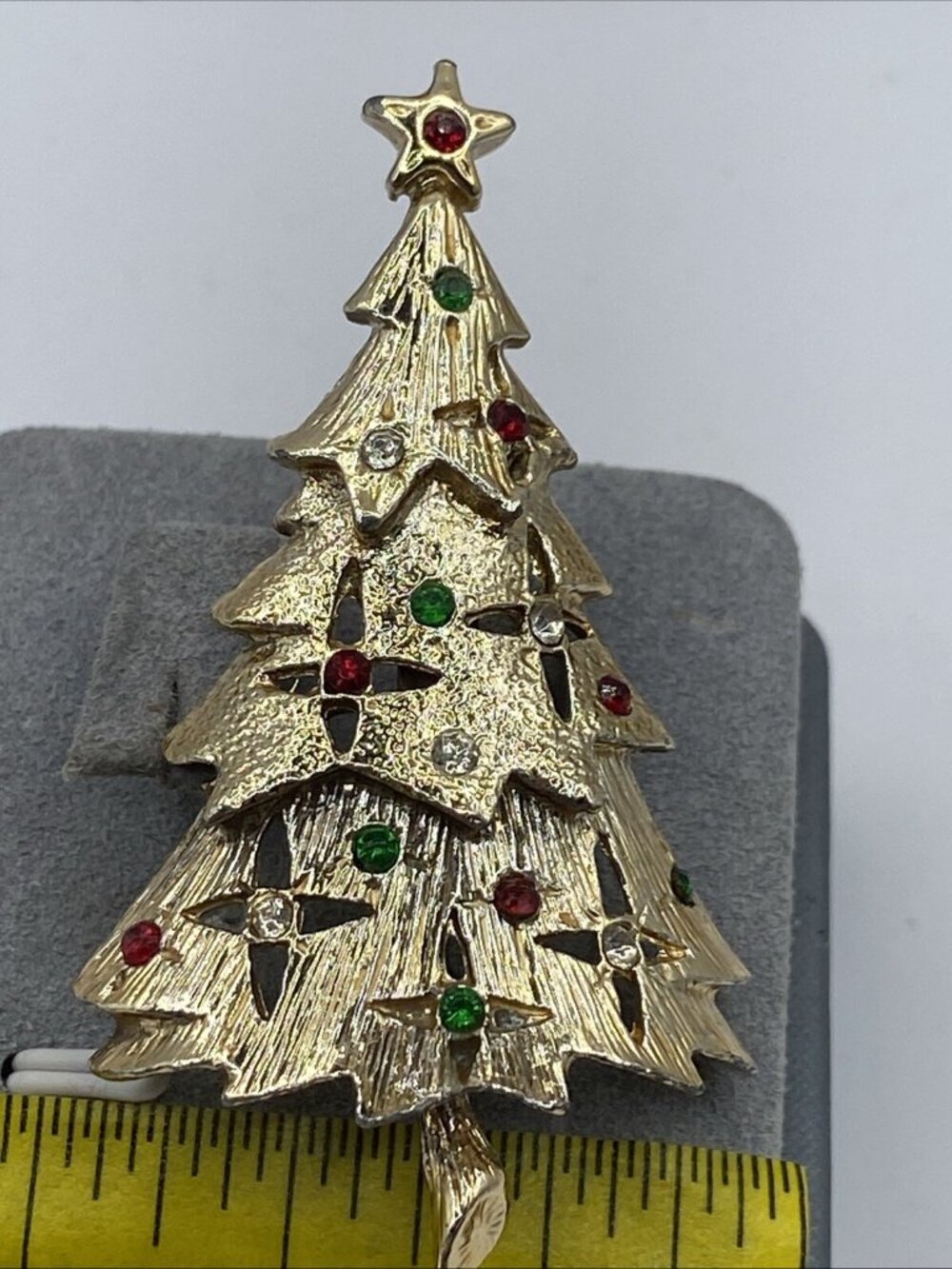 Tancer-II Christmas Tree brooch Gold Tone W/ Red And Green Rhinestones